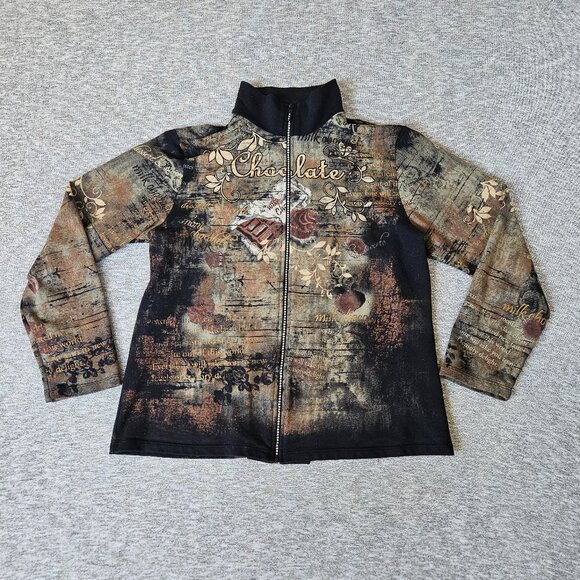 Jess & Jane Jacket Womens XL Artsy Zip Rhinestone Chocolate Sweater Dark Floral - Picture 1 of 9